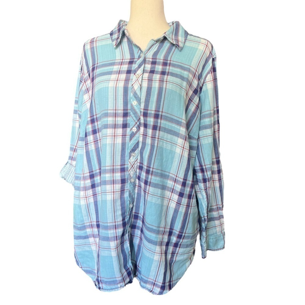 Talbots Gauzy Cotton Plaid Button Front Top 2X Blue Americana Lightweight Beach